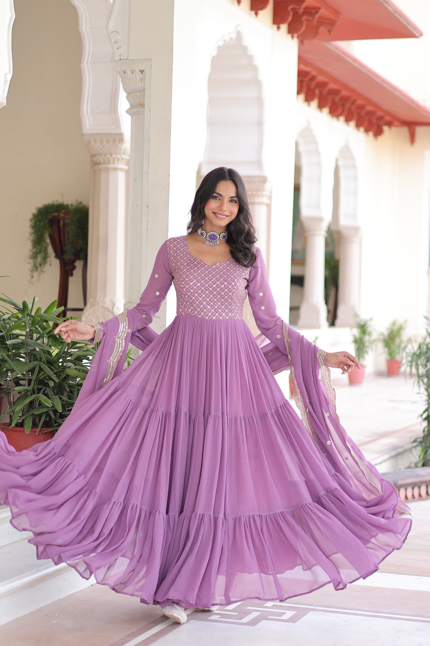 Evanik Onionpink Faux Georgette With Sequins & Zari Embroidered Work Gown Dupatta - Distacart