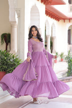 Evanik Onionpink Faux Georgette With Sequins & Zari Embroidered Work Gown Dupatta - Distacart