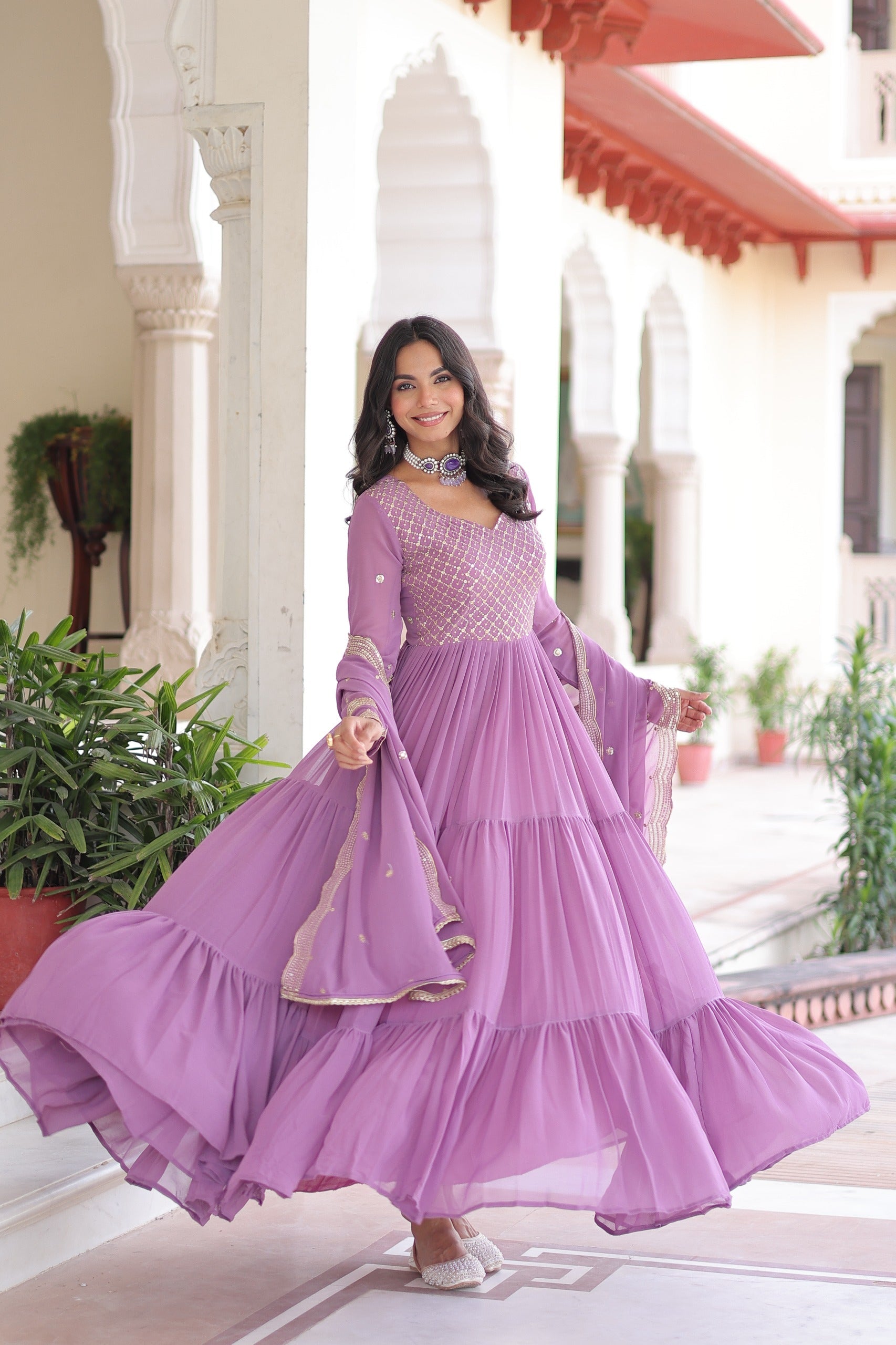 Evanik Onionpink Faux Georgette With Sequins & Zari Embroidered Work Gown Dupatta - Distacart