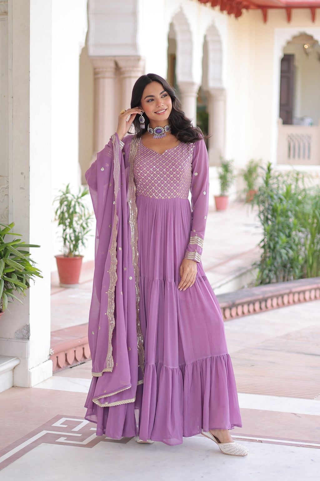 Evanik Onionpink Faux Georgette With Sequins & Zari Embroidered Work Gown Dupatta - Distacart