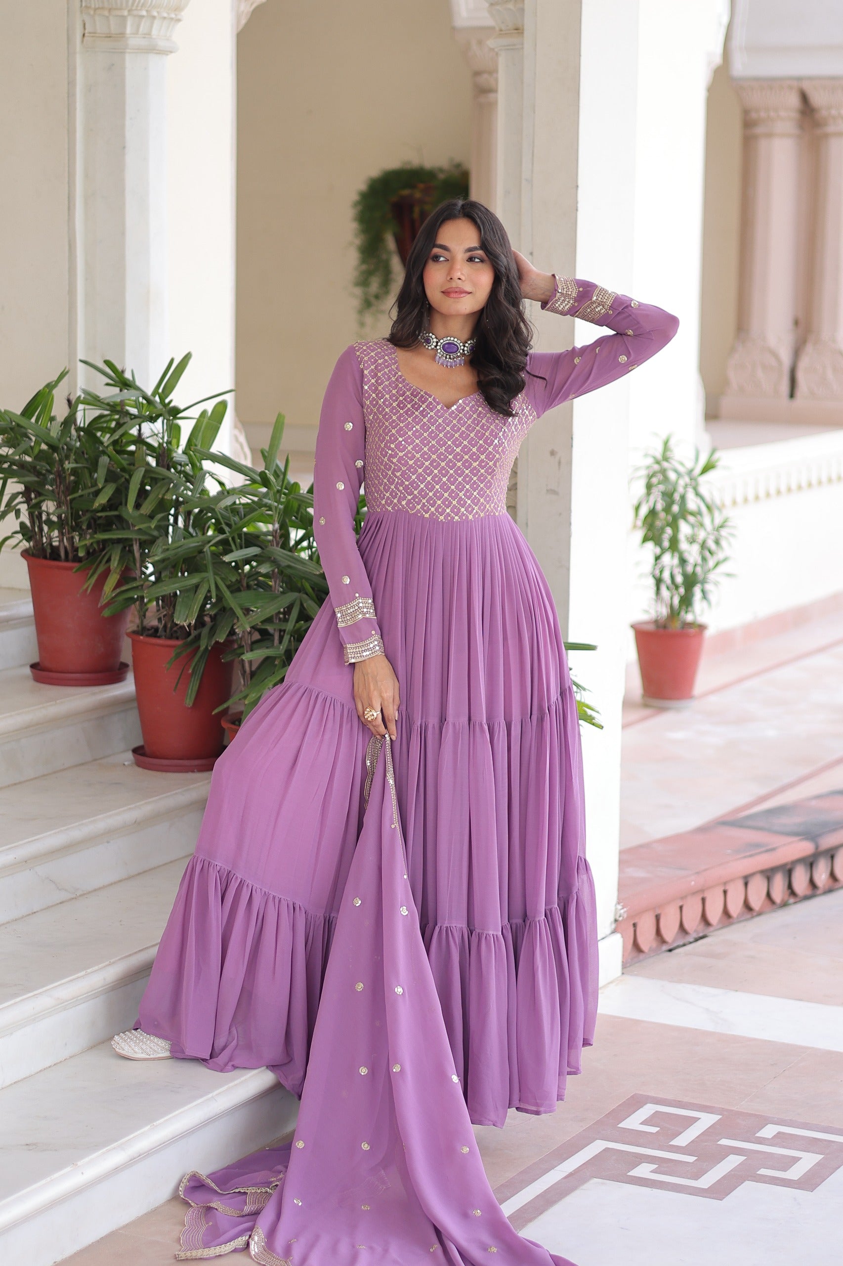 Evanik Onionpink Faux Georgette With Sequins & Zari Embroidered Work Gown Dupatta - Distacart