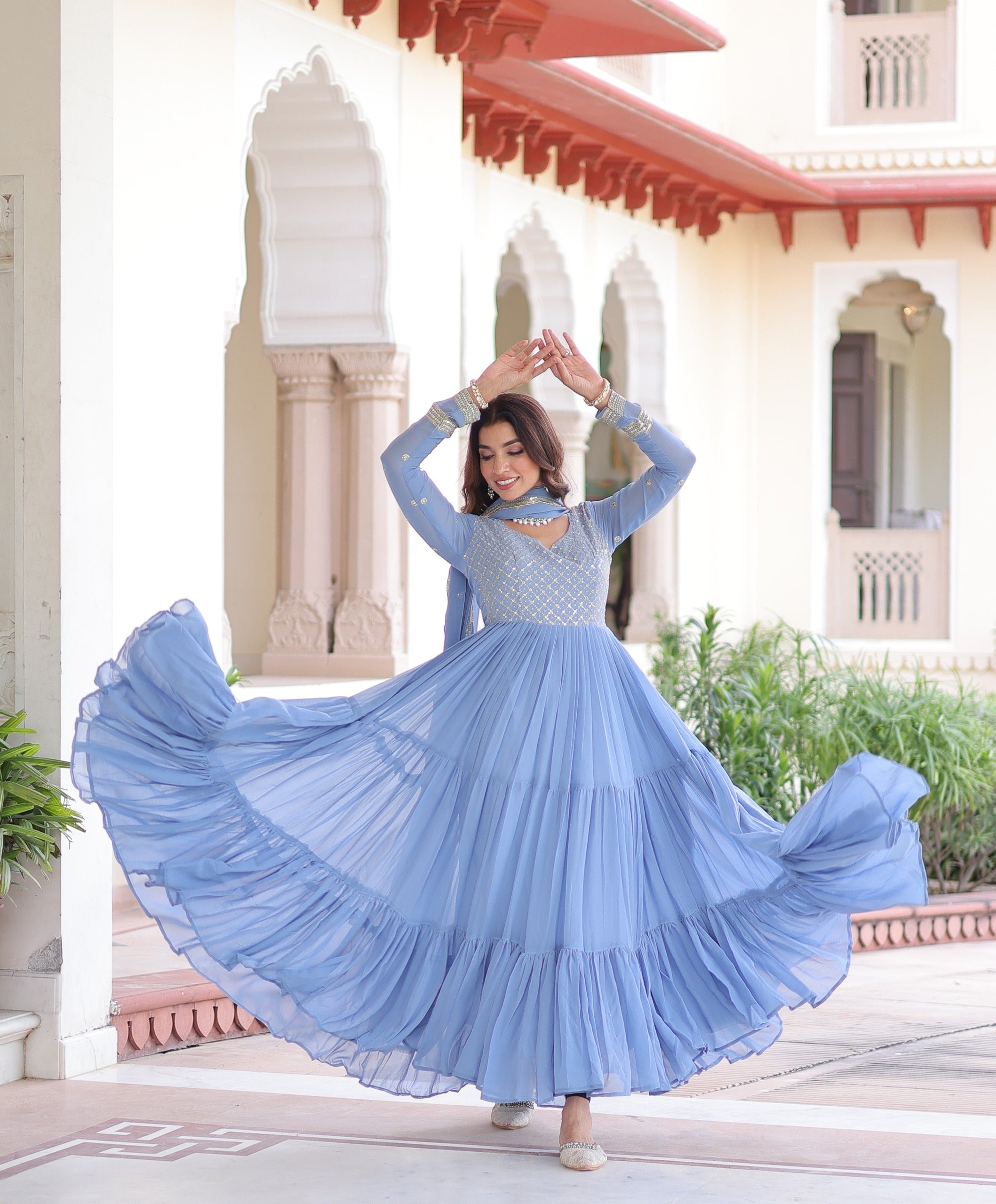 Evanik Skyblue Faux Georgette With Sequins & Zari Embroidered Work Gown Dupatta - Distacart