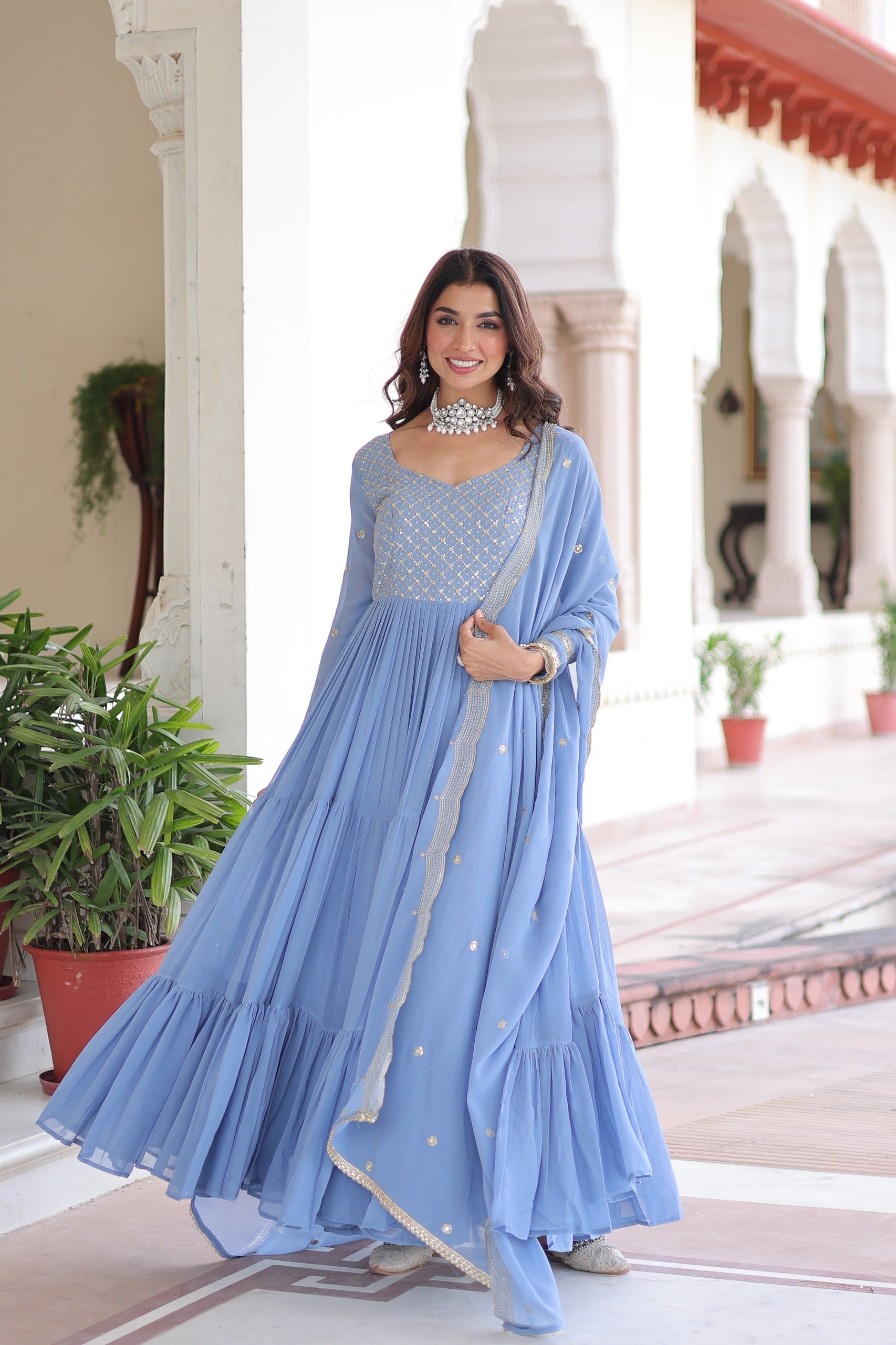 Evanik Skyblue Faux Georgette With Sequins & Zari Embroidered Work Gown Dupatta - Distacart