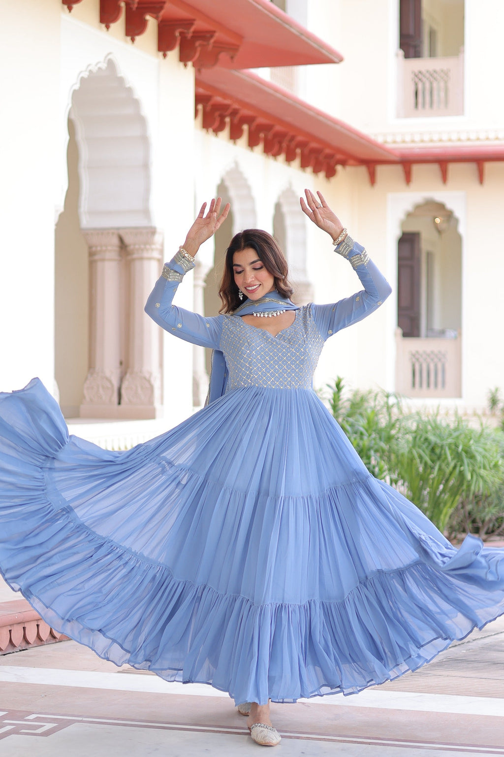 Evanik Skyblue Faux Georgette With Sequins & Zari Embroidered Work Gown Dupatta - Distacart