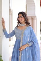 Evanik Skyblue Faux Georgette With Sequins & Zari Embroidered Work Gown Dupatta - Distacart