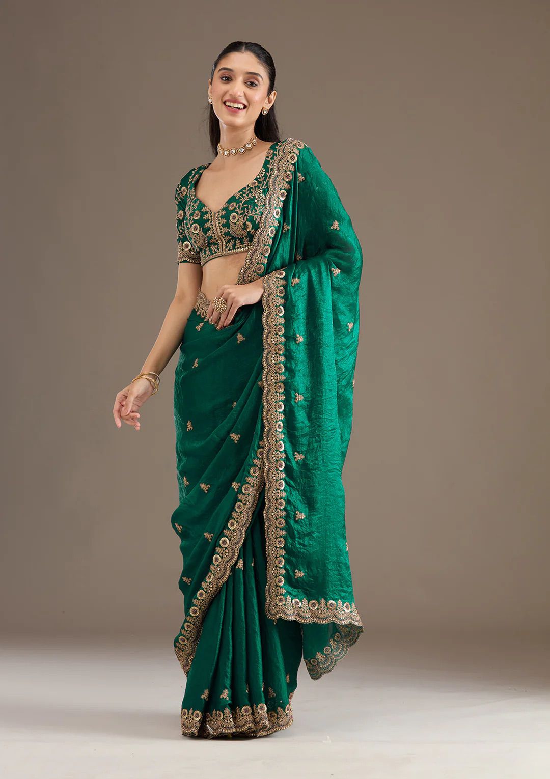Evanik Green Fendy Satin Silk With Sequence Work Saree With Unstitched Blouse - Distacart