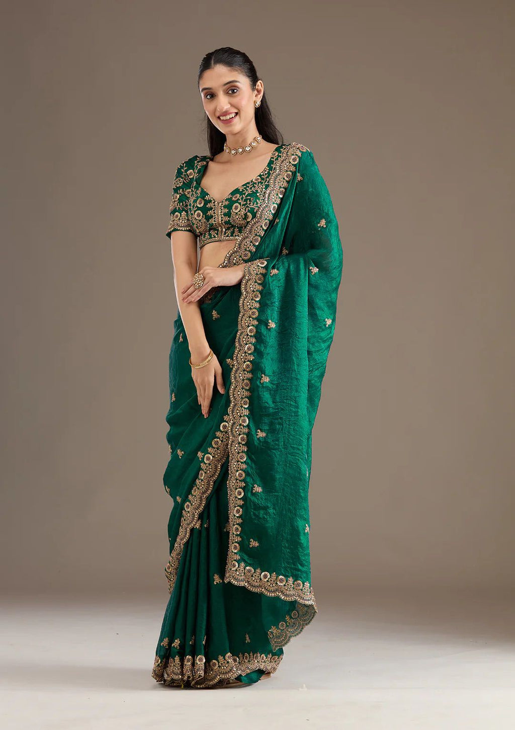 Evanik Green Fendy Satin Silk With Sequence Work Saree With Unstitched Blouse - Distacart