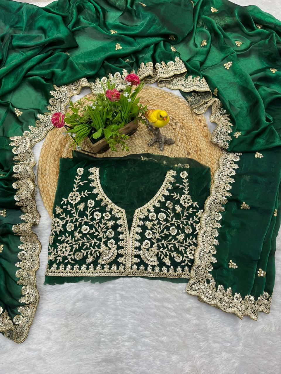 Evanik Green Fendy Satin Silk With Sequence Work Saree With Unstitched Blouse - Distacart