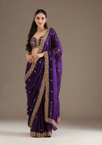 Evanik Purple Fendy Satin Silk With Sequence Work Saree With Unstitched Blouse - Distacart