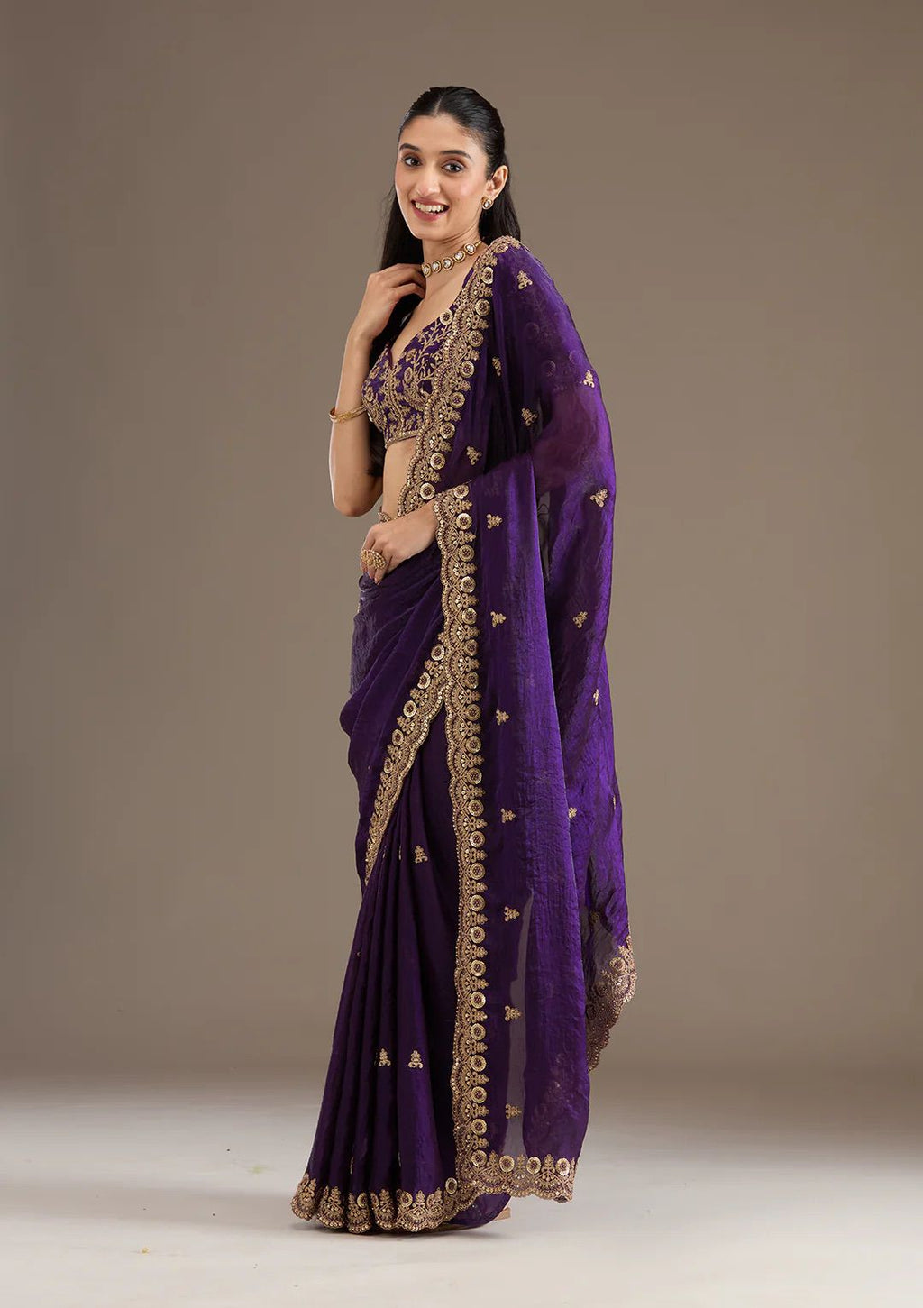 Evanik Purple Fendy Satin Silk With Sequence Work Saree With Unstitched Blouse - Distacart