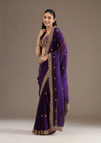 Evanik Purple Fendy Satin Silk With Sequence Work Saree With Unstitched Blouse - Distacart