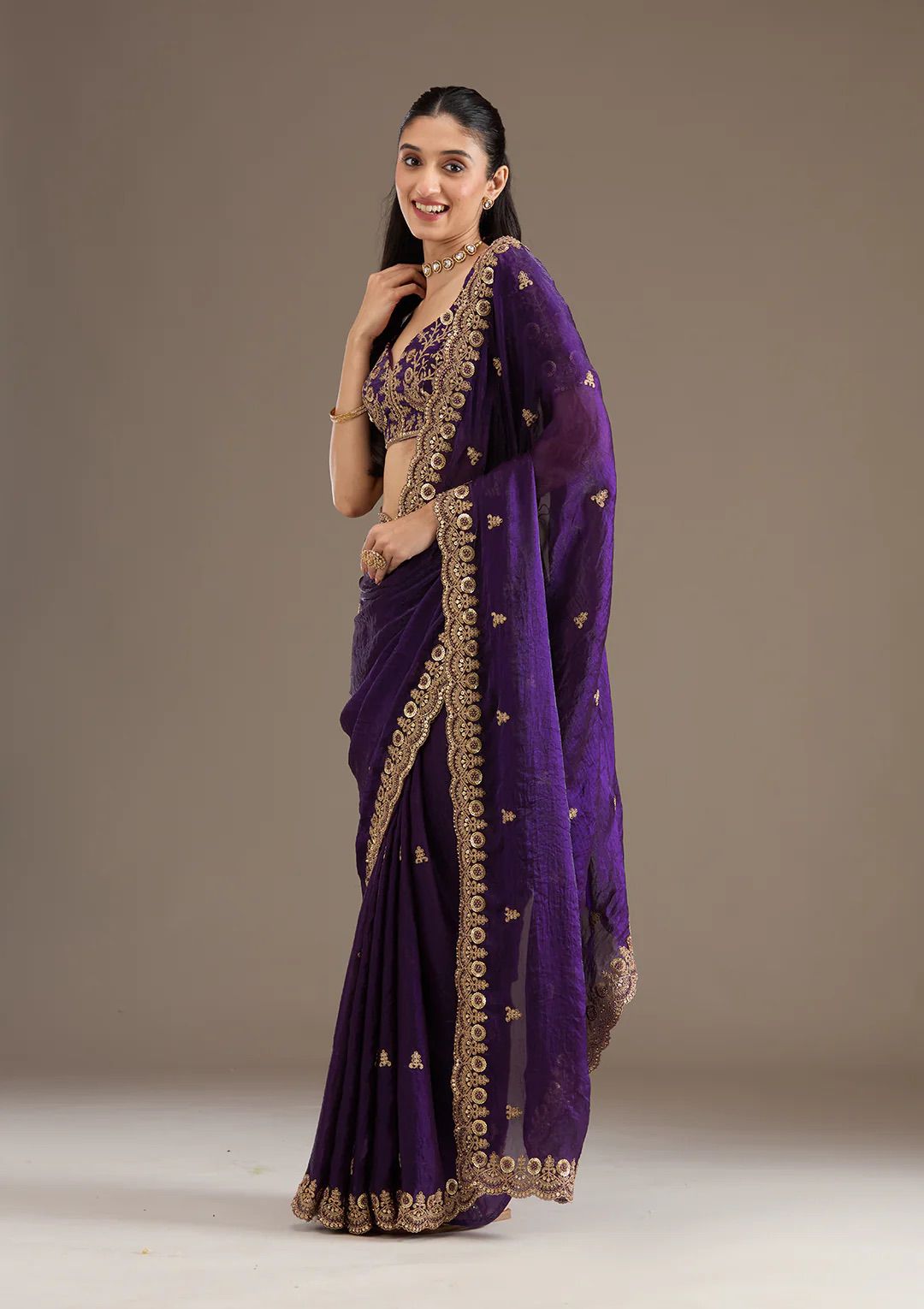 Evanik Purple Fendy Satin Silk With Sequence Work Saree With Unstitched Blouse - Distacart