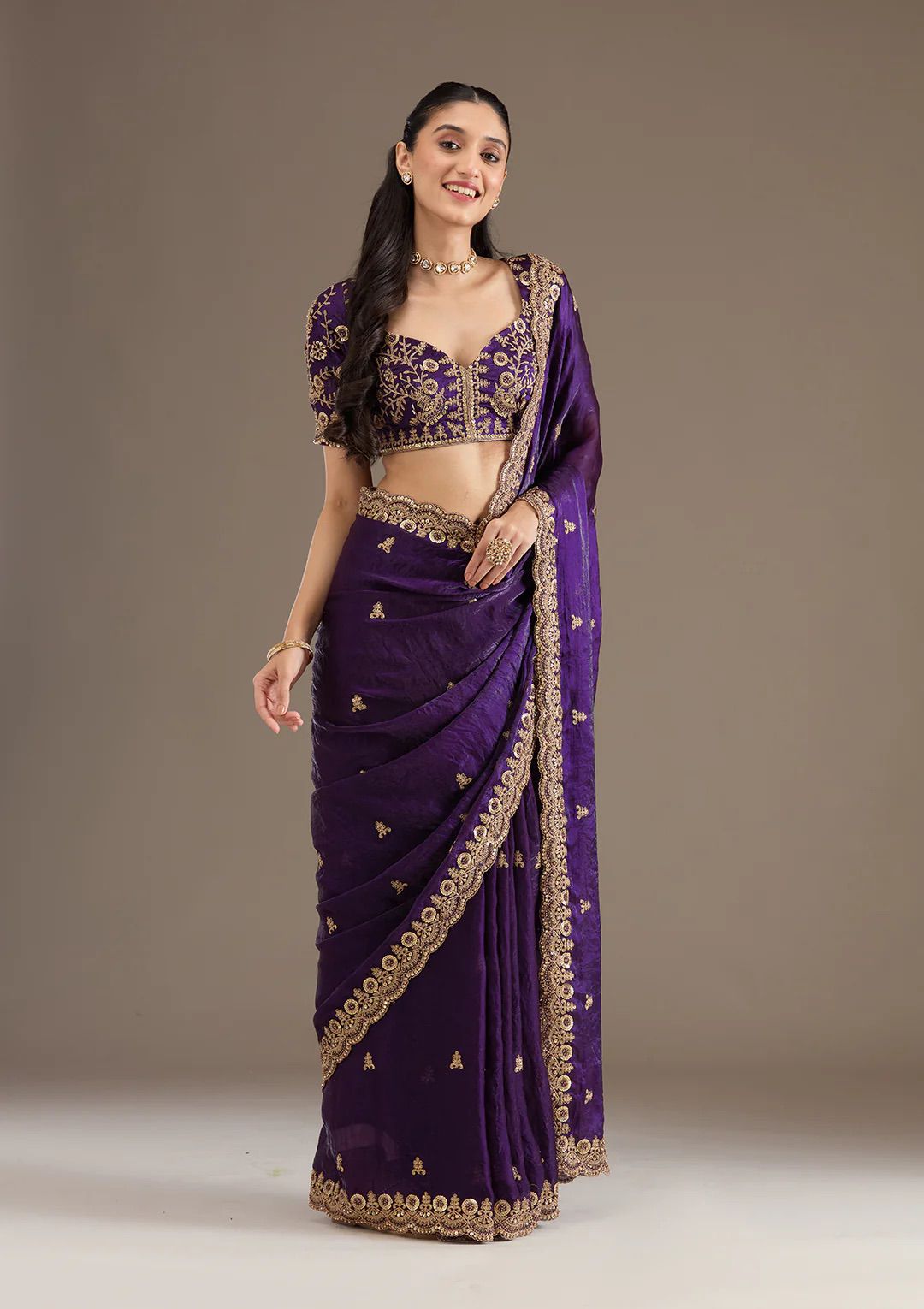 Evanik Purple Fendy Satin Silk With Sequence Work Saree With Unstitched Blouse - Distacart