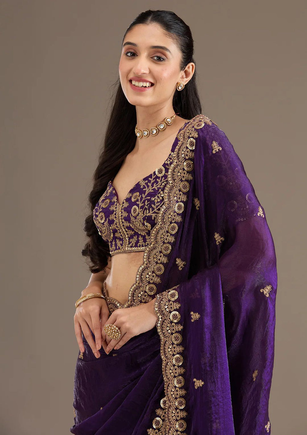 Evanik Purple Fendy Satin Silk With Sequence Work Saree With Unstitched Blouse - Distacart