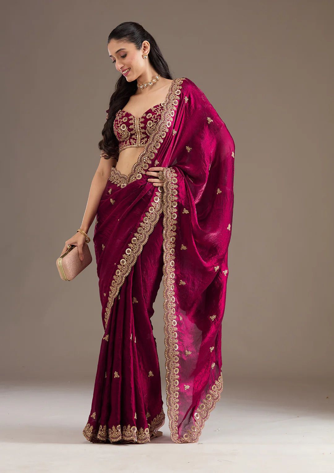 Evanik Ranipink Fendy Satin Silk With Sequence Work Saree With Unstitched Blouse - Distacart