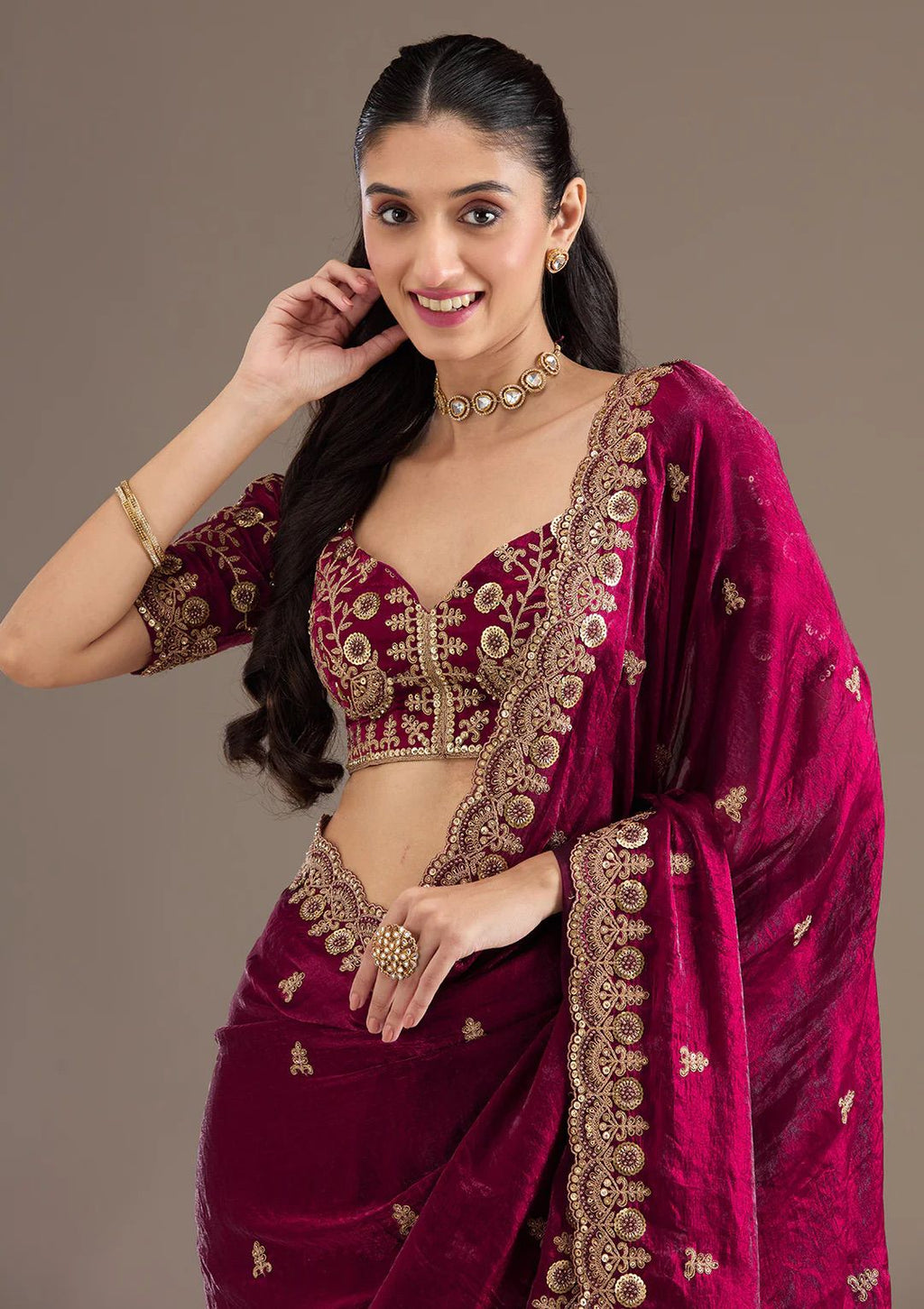 Evanik Ranipink Fendy Satin Silk With Sequence Work Saree With Unstitched Blouse - Distacart