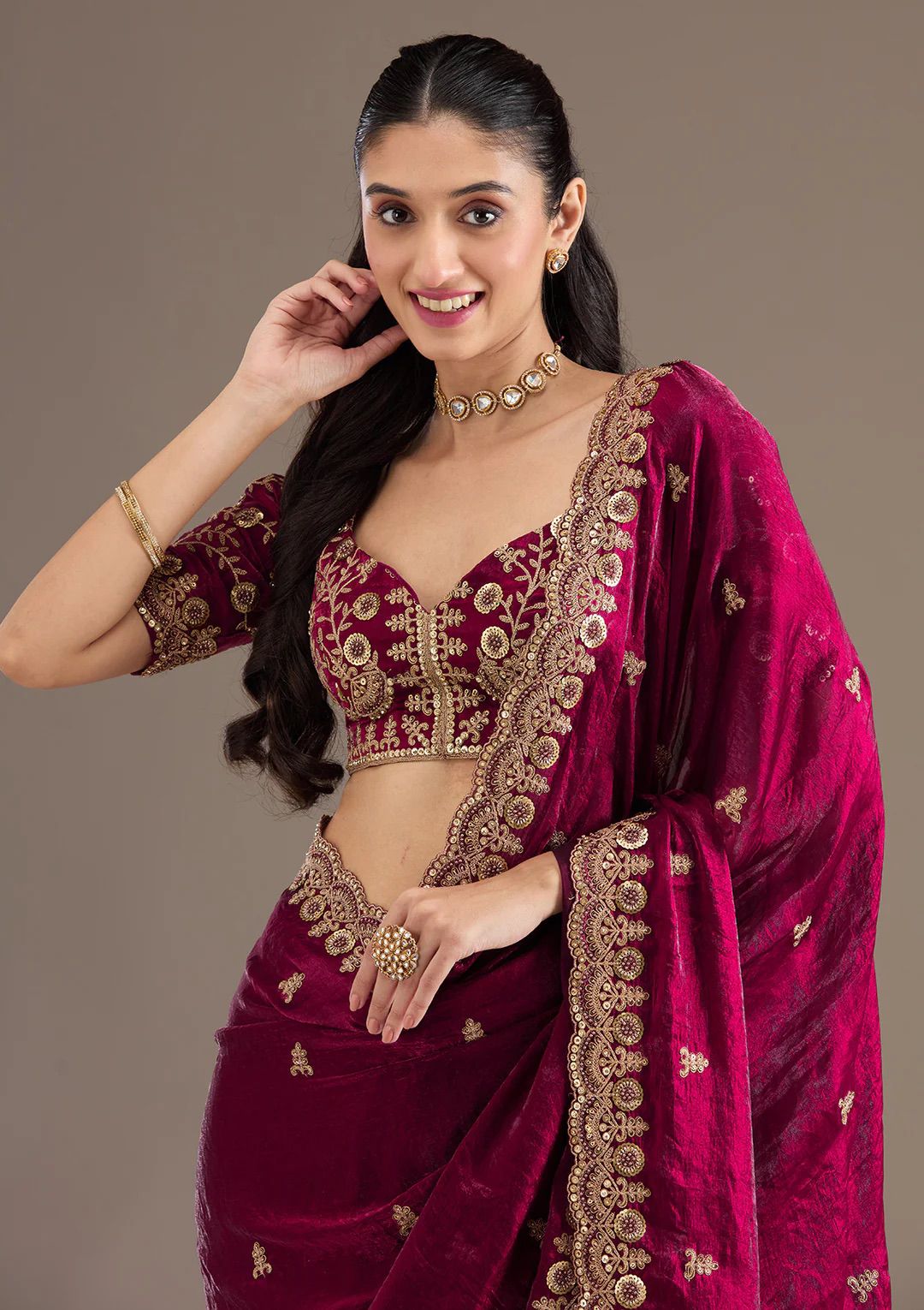 Evanik Ranipink Fendy Satin Silk With Sequence Work Saree With Unstitched Blouse - Distacart