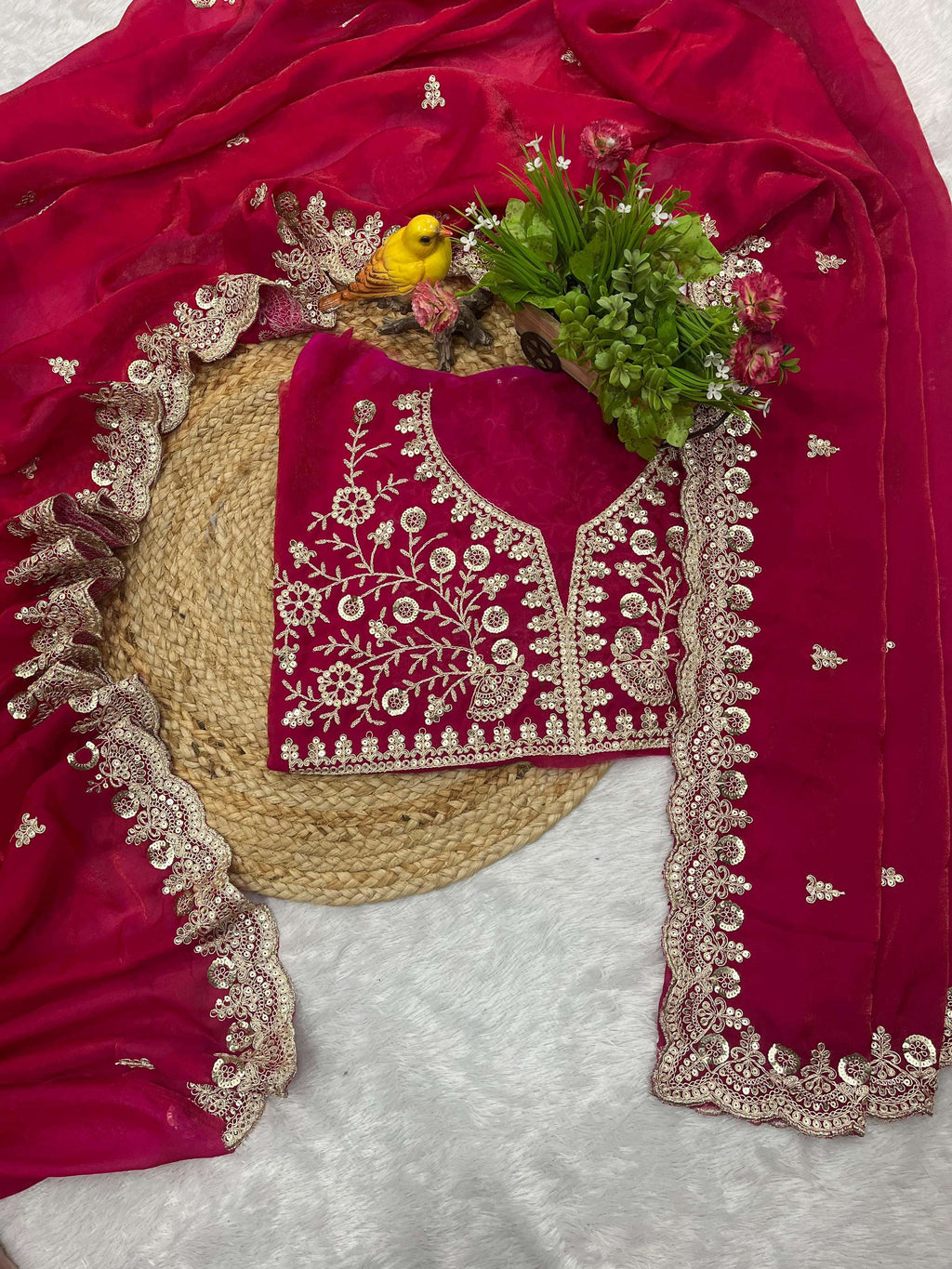 Evanik Ranipink Fendy Satin Silk With Sequence Work Saree With Unstitched Blouse - Distacart