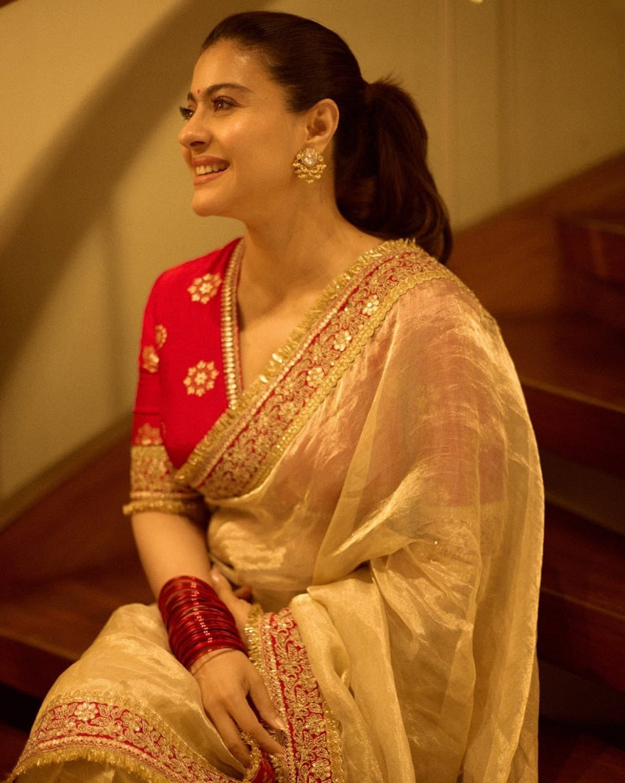 Evanik Cream Mocha Silk With Coding Sequence Lace Work Saree With Unstitched Blouse - Distacart