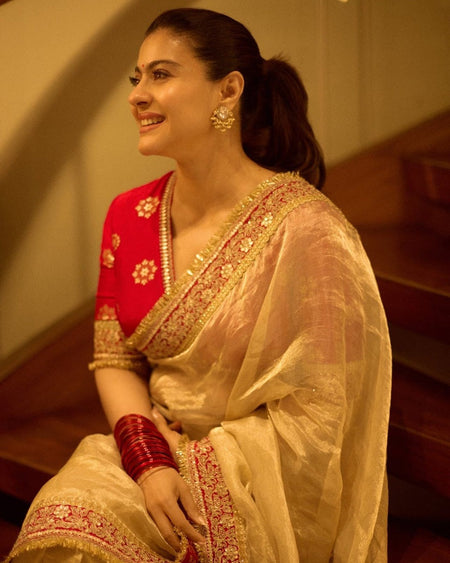 Evanik Cream Mocha Silk With Coding Sequence Lace Work Saree With Unstitched Blouse
