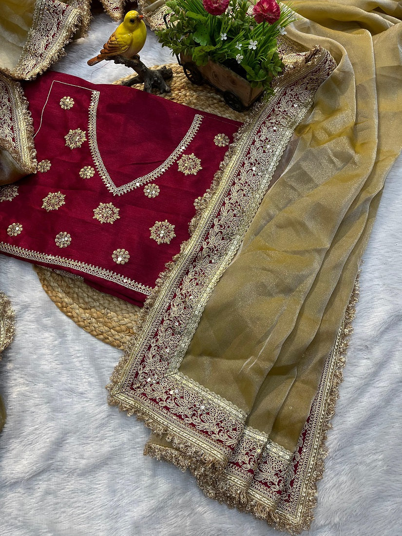 Evanik Cream Mocha Silk With Coding Sequence Lace Work Saree With Unstitched Blouse - Distacart