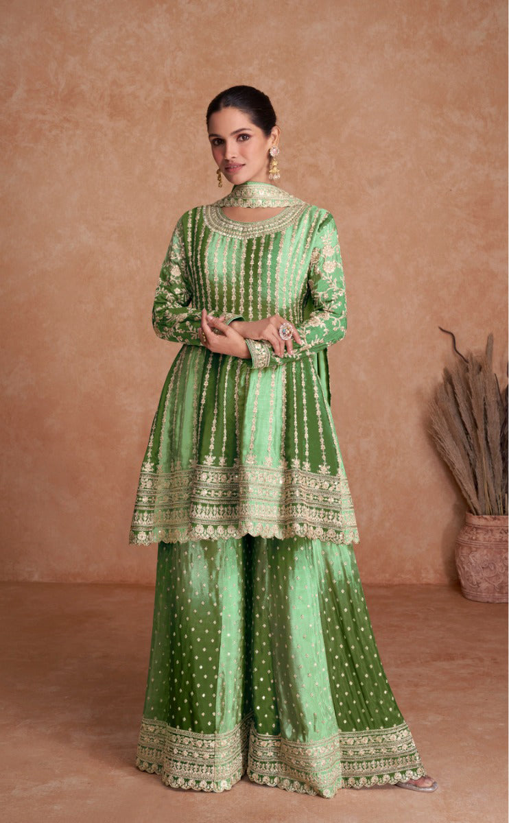 Lorenvalley Women Shaded Green Chinon Silk Fabric Embroidered Kurta Palazzo & With Dupatta