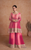 Lorenvalley Women Shaded Pink Chinon Silk Fabric Embroidered Kurta Palazzo & With Dupatta