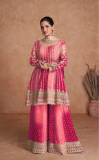 Lorenvalley Women Shaded Pink Chinon Silk Fabric Embroidered Kurta Palazzo & With Dupatta