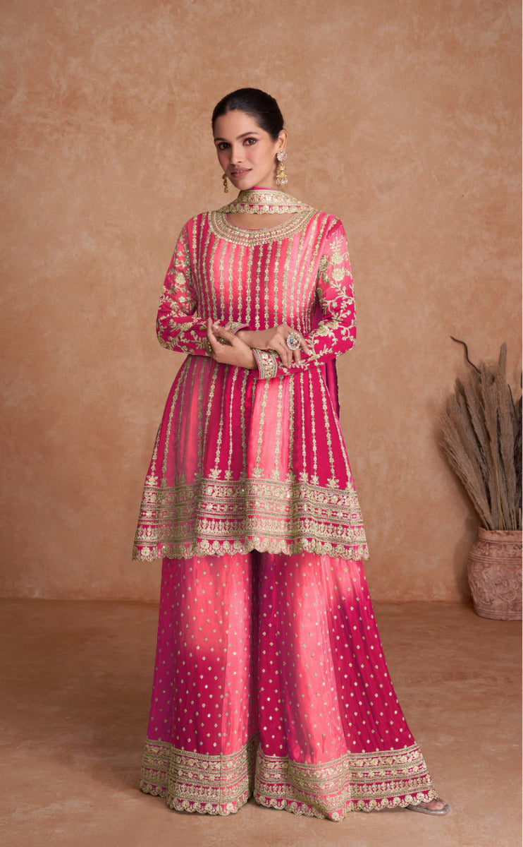 Lorenvalley Women Shaded Pink Chinon Silk Fabric Embroidered Kurta Palazzo & With Dupatta