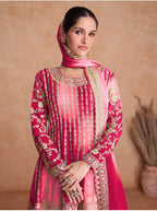 Lorenvalley Women Shaded Pink Chinon Silk Fabric Embroidered Kurta Palazzo & With Dupatta