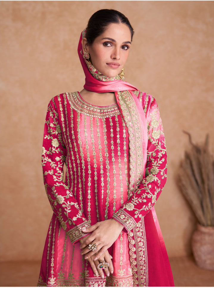 Lorenvalley Women Shaded Pink Chinon Silk Fabric Embroidered Kurta Palazzo & With Dupatta
