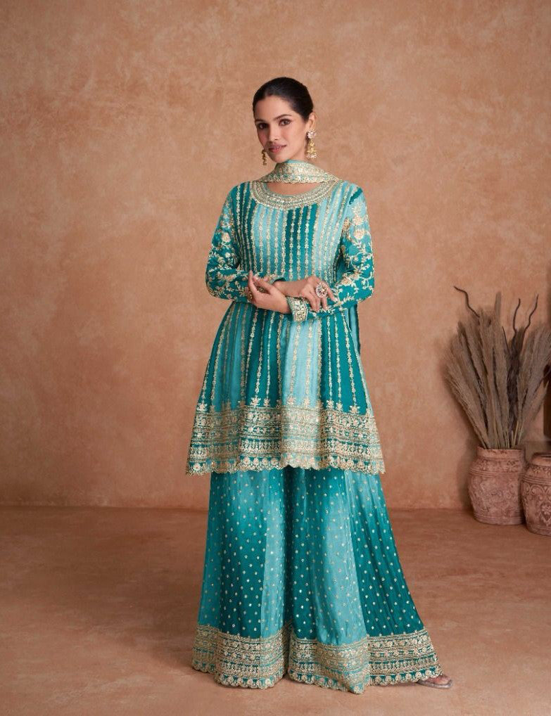 Lorenvalley Women Shaded Skyblue Chinon Silk Fabric Embroidered Kurta Palazzo & With Dupatta