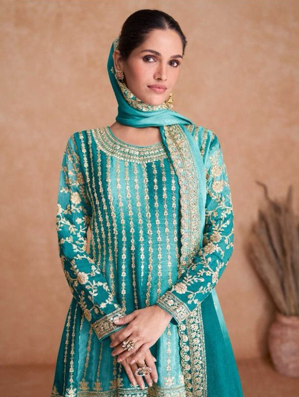 Lorenvalley Women Shaded Skyblue Chinon Silk Fabric Embroidered Kurta Palazzo & With Dupatta
