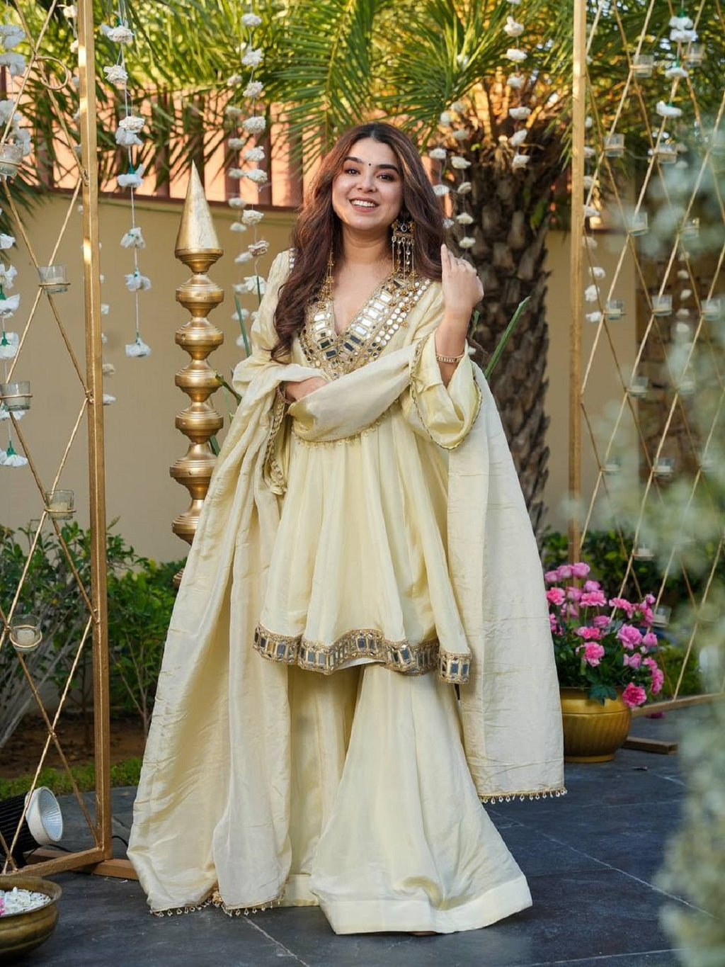 Evanik Women Off White Kedia Style Real Mirror Work Wedding Sharara Suit - Distacart