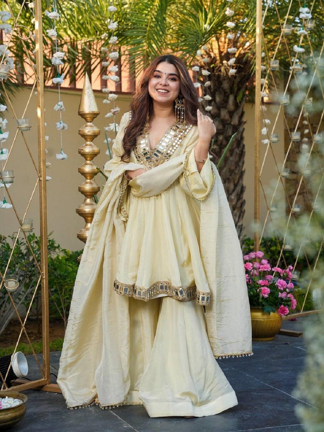 Evanik Women Off White Kedia Style Real Mirror Work Wedding Sharara Suit - Distacart