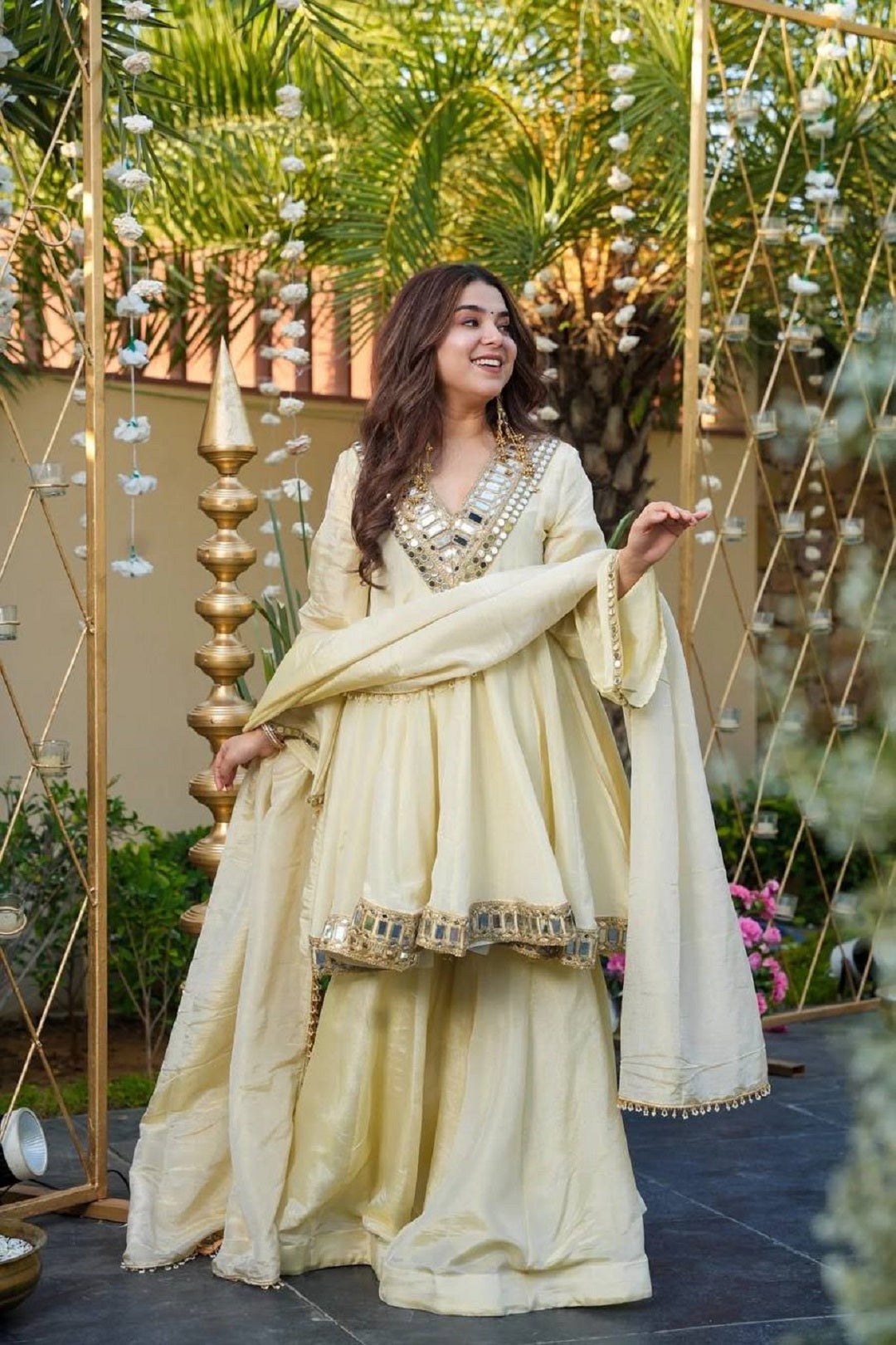 Evanik Women Off White Kedia Style Real Mirror Work Wedding Sharara Suit - Distacart