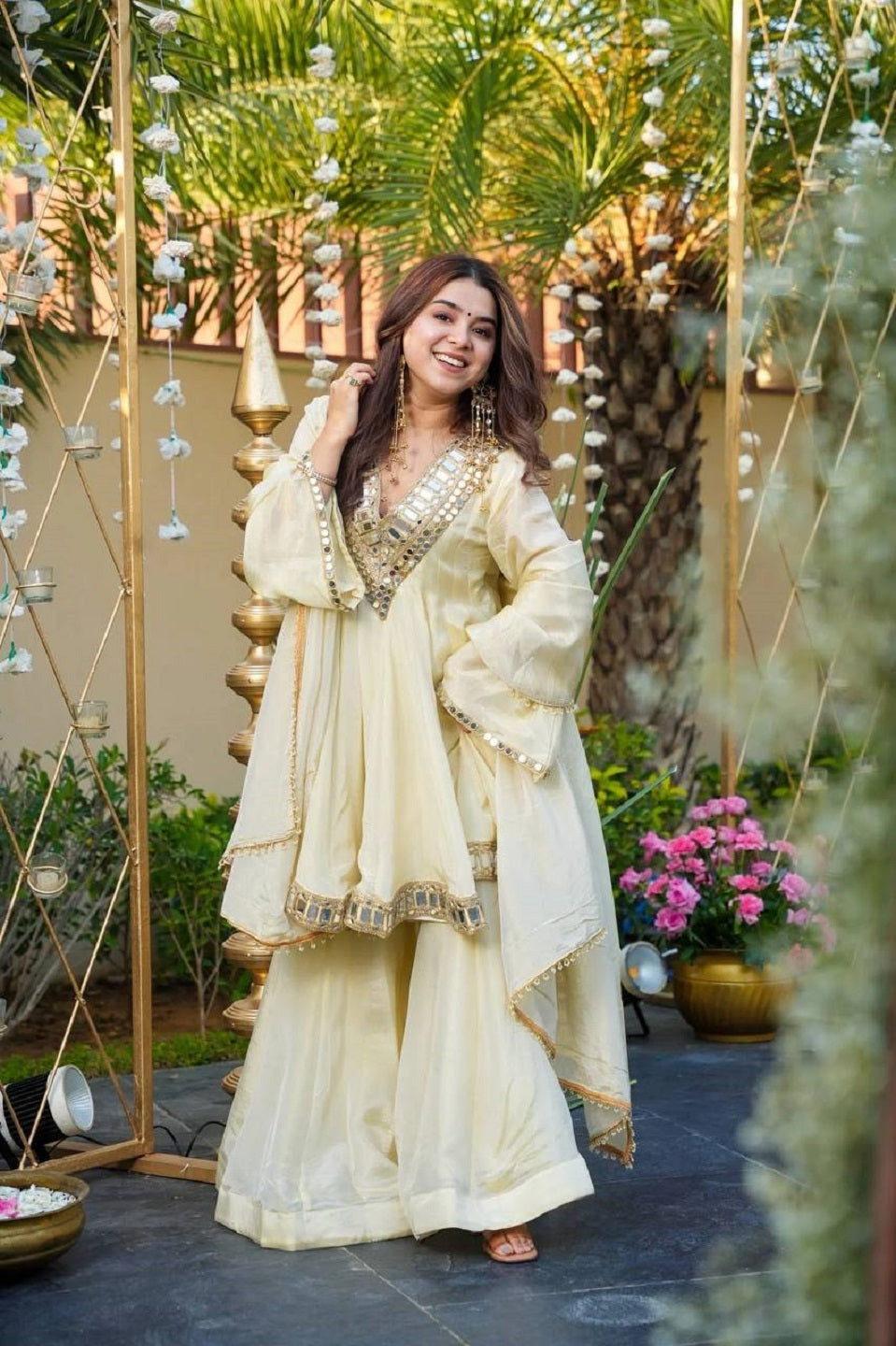 Evanik Women Off White Kedia Style Real Mirror Work Wedding Sharara Suit - Distacart