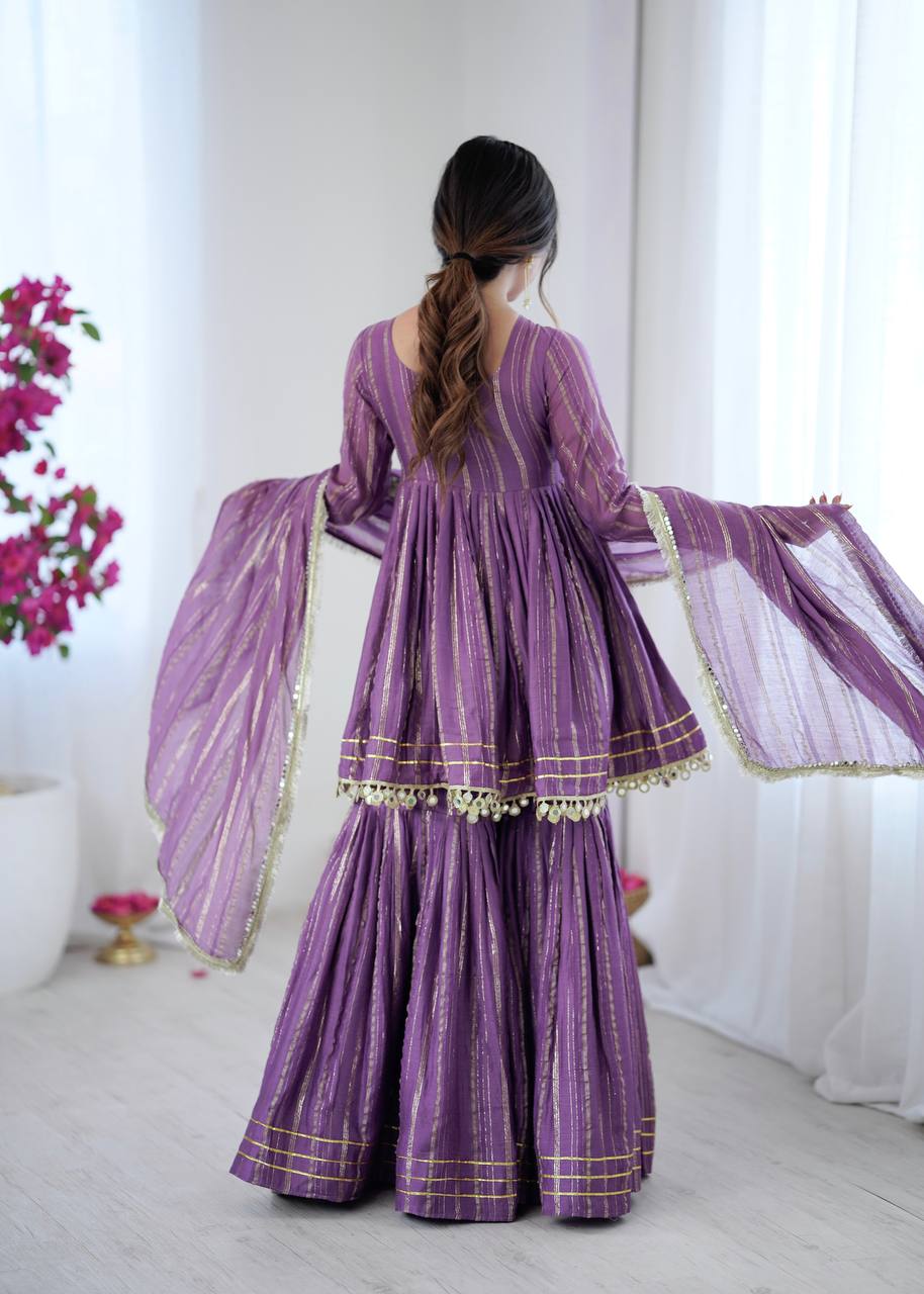 Evanik Lavender Mal Chanderi With Mirror & hand work Sharara Suit - Distacart