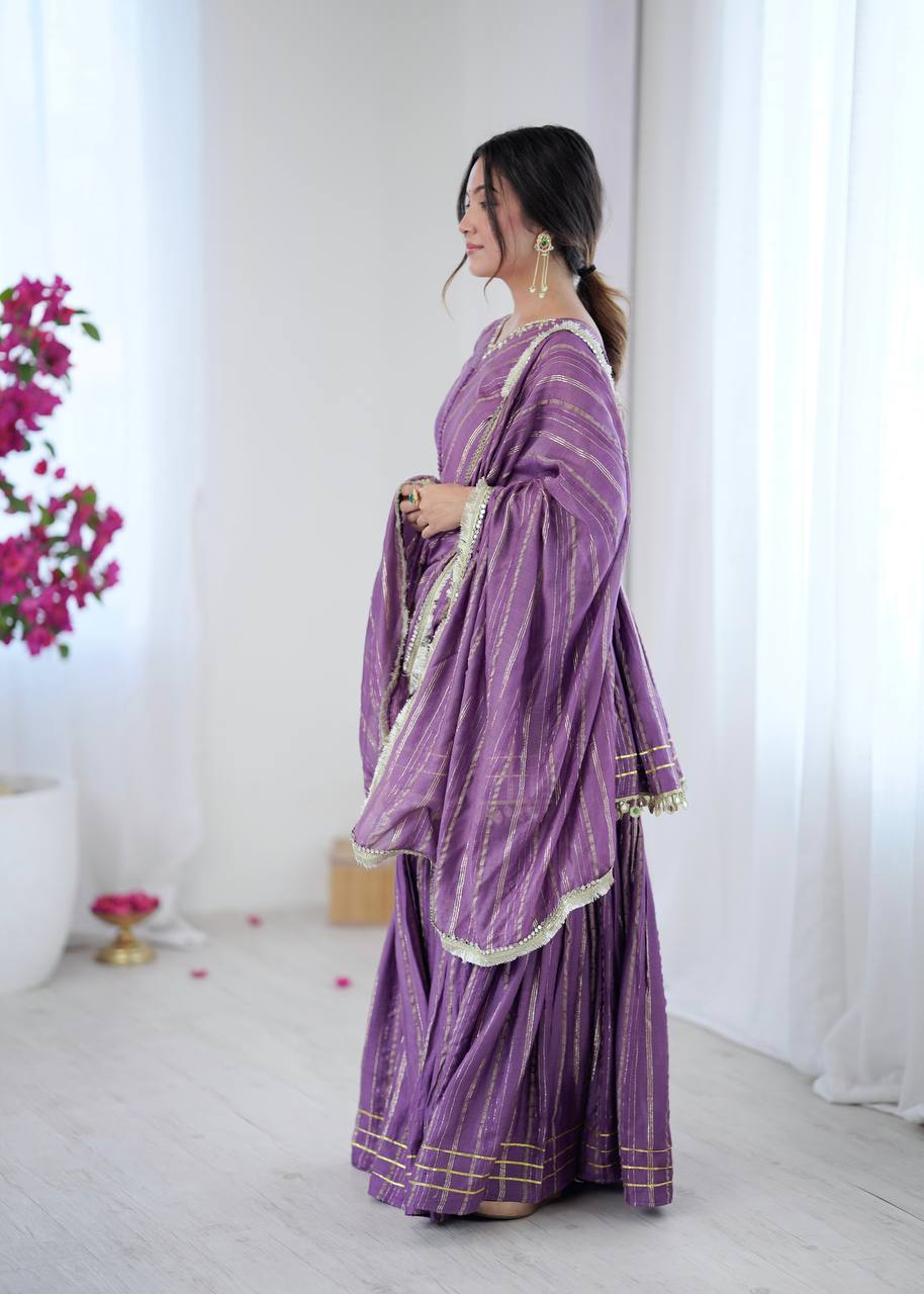 Evanik Lavender Mal Chanderi With Mirror & hand work Sharara Suit - Distacart
