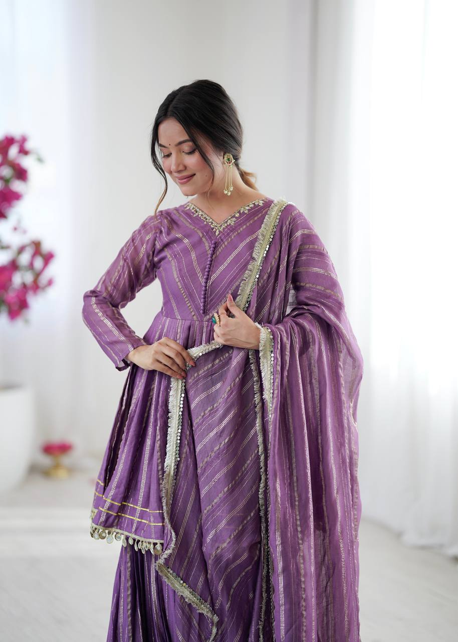 Evanik Lavender Mal Chanderi With Mirror & hand work Sharara Suit - Distacart