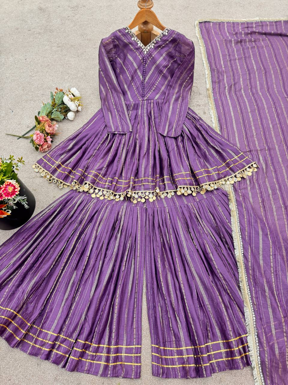 Evanik Lavender Mal Chanderi With Mirror & hand work Sharara Suit - Distacart