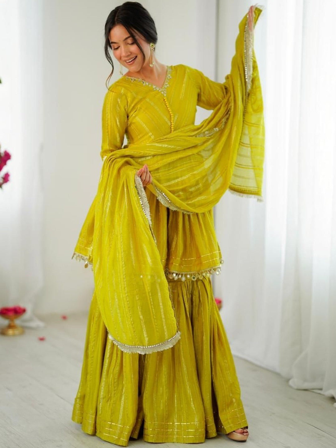 Evanik Yellow Mal Chanderi With Mirror & hand work Sharara Suit - Distacart
