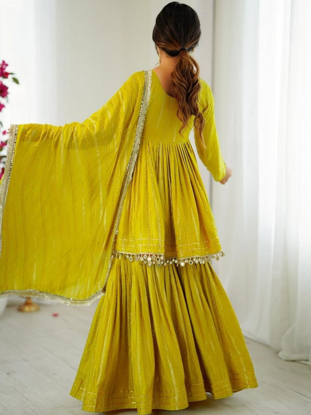 Evanik Yellow Mal Chanderi With Mirror & hand work Sharara Suit - Distacart