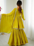 Evanik Yellow Mal Chanderi With Mirror & hand work Sharara Suit - Distacart