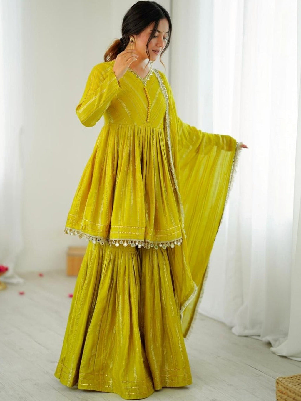 Evanik Yellow Mal Chanderi With Mirror & hand work Sharara Suit - Distacart