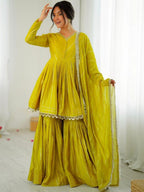 Evanik Yellow Mal Chanderi With Mirror & hand work Sharara Suit - Distacart