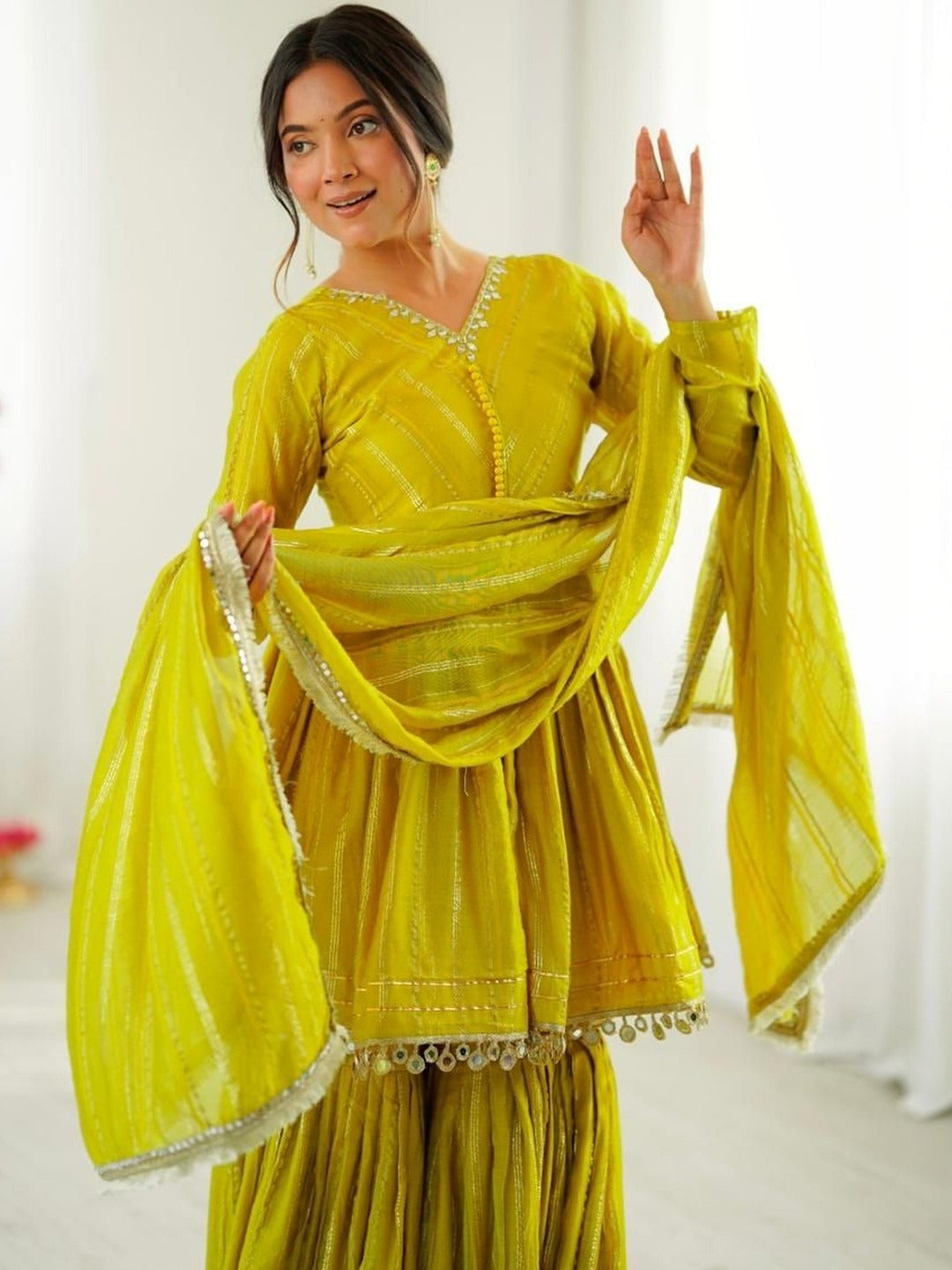 Evanik Yellow Mal Chanderi With Mirror & hand work Sharara Suit - Distacart