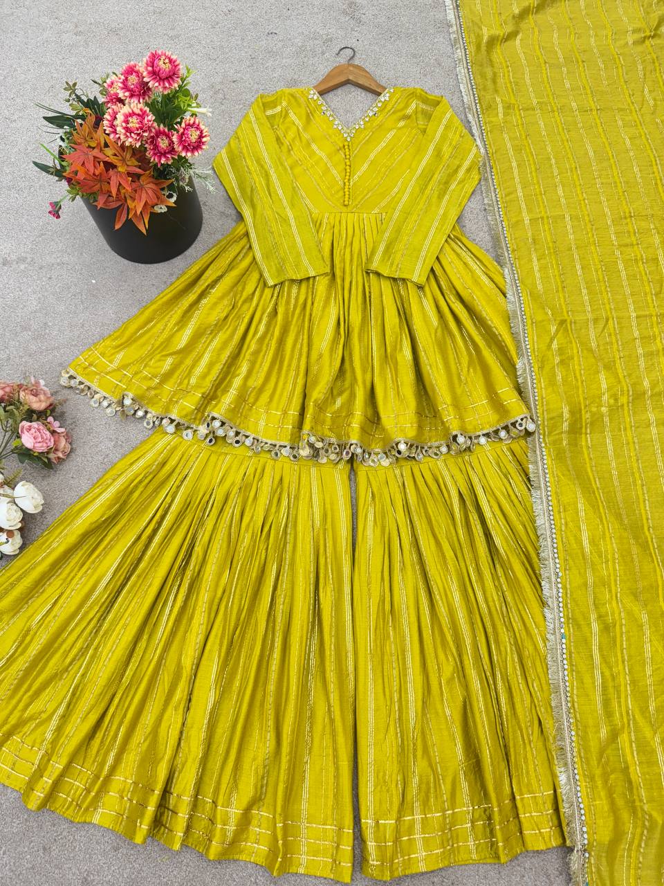 Evanik Yellow Mal Chanderi With Mirror & hand work Sharara Suit - Distacart