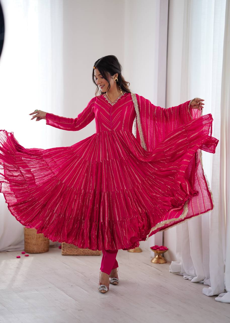 Evanik Ranipink Mal Chanderi Real Mirror With Handwork Wedding Anarkali Suit - Distacart
