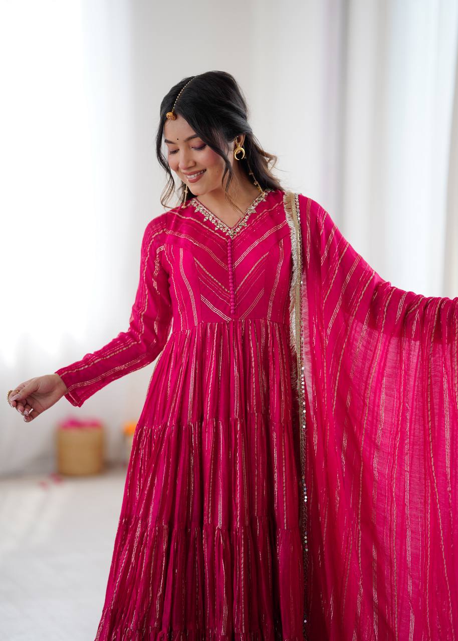 Evanik Ranipink Mal Chanderi Real Mirror With Handwork Wedding Anarkali Suit - Distacart